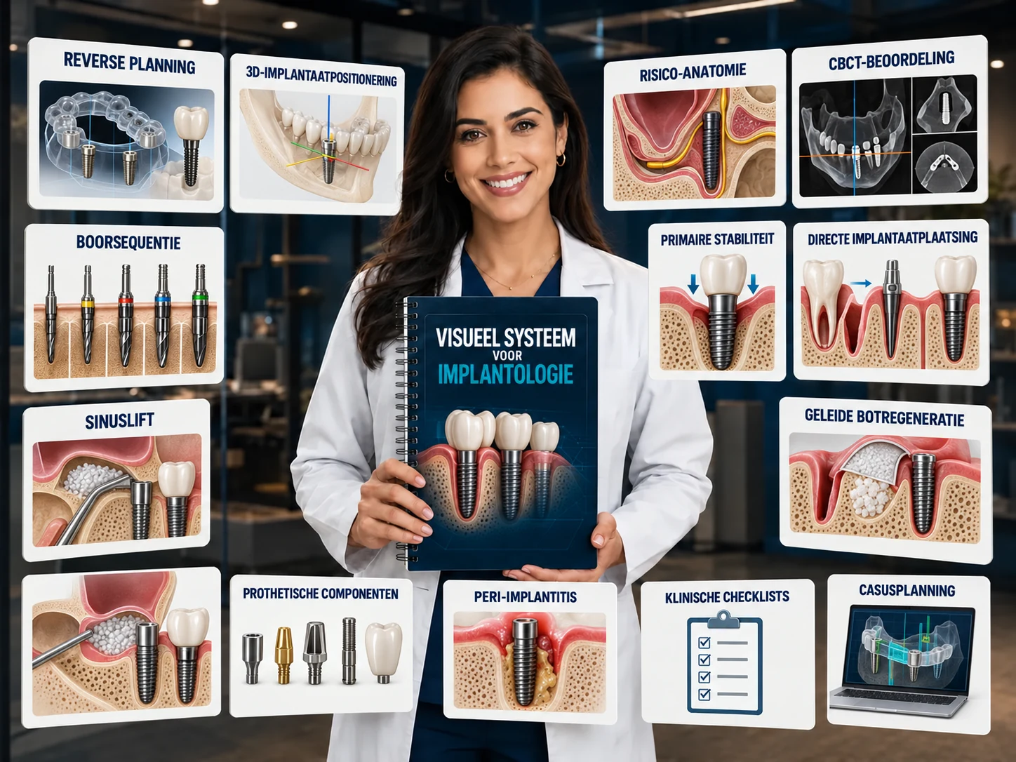 Bibliotheek met visuele implantologiekaarten, geordend per klinische fase