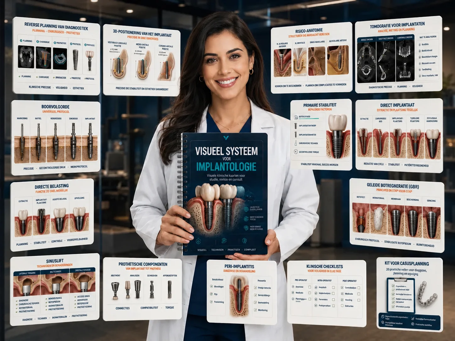 Bibliotheek met visuele implantologiekaarten, geordend per klinische fase